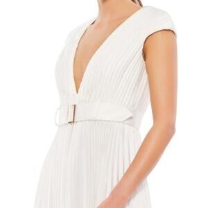 Ieena for Mac Duggal 26483 Pleated Cap‎ Sleeve Belted A-Line White Midi Dress 8